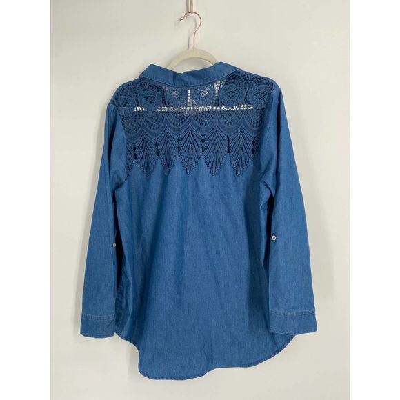 cj banks Blue Chambray Embroidered Details Lace Up Long Sleeve Top X - Picture 6 of 6